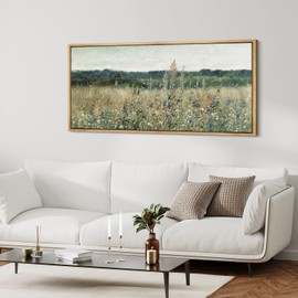 MUDECOR Extra Large Framed Canvas Print Wall Art Rustic Field and Wildflowers Countryside Nature Wilderness Antique Retro Fine Art Illustrations Decorative Colorful Multicolor for Bedroom - 60"x30"