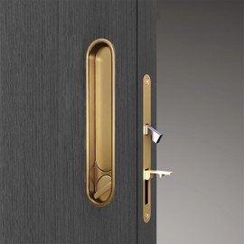Pocket Door Hardware Gold，Privacy Pocket Door Lock with Pull, Sliding Pocket Door Lock，Hidden Handles, for Wooden Doors 1 1/2" to 2" Thick