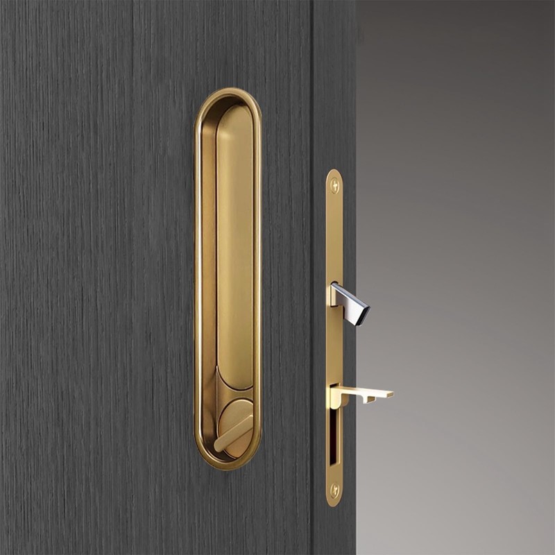 Pocket Door Hardware Gold，Privacy Pocket Door Lock with Pull, Sliding