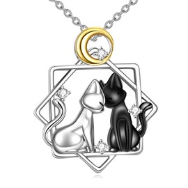 VONALA 2 Cats necklace 925 Sterling Silver Moon Pendant Necklace Cat Friendship Or Love Jewellery Gifts For Women Girls (2 Cats)