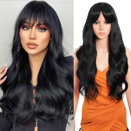 26 Inch Long Wavy Wigs for Women Black Wig with Bangs Ombre Brown Wig with Dark Roots Long Layered Wig Heat Resistant Synthetic Wig Natural Looking Wigs for Daily Party Use(1B)