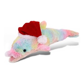 DolliBu Santa Rainbow Dolphin Stuffed Animal Plush Toy - Super Soft Wild Animal Dress Up with Red Santa Claus Hat, Wildlife Gift, Perfect Holiday with Name Personalization - 14 Inches