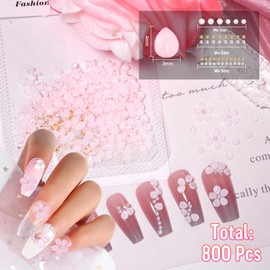 800 Pcs 3D Flower Acrylic Nail Charms, Light Pink Blossom Beads Pearl Nail Gems and Rhinestones Floral Rhinestone Gems, Petal Acrylic 3D Flowers Nail Art Charms for Nails DIY Design