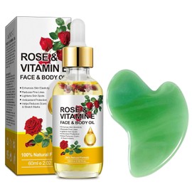 "plomala "Aceite facial con vitamina E, aceite de rosa con vitamina E con herramientas de masaje Gua Sha para rostro y cuerpo, aceite de rosa orgánico