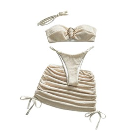 SHENHE Women's 3 Piece Bikini Sets Strapless Metal Ring Thong Bandeau Swimsuit with Cover Up Apricot Medium