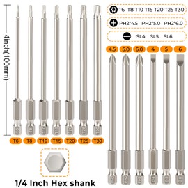 Hakkin Torx Bit Set 13Pcs 100mm Long Torx Phillips Slotted Screwdriver Bits Premium S2 Steel 1/4” Hex Shank Magnetic Long Phillips Cross Head Screwdriver Bits T6 T8 T10 T15 T20 T25 T30 PH2 SL4 SL5 SL6