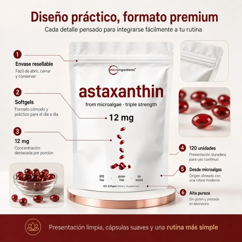 Astaxantina 12mg 120 Cápsulas Blandas Antioxidante Sin Sabor
