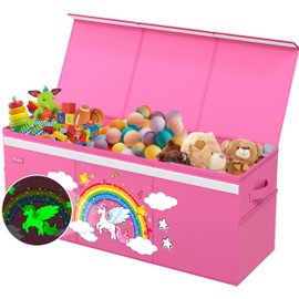 RUTIFUN Extra Large Kids Toy Storage Organizer, Collapsible Toy Baskets Storage, Large Toy Chest Basket with Lid, Unicorn Baby Toy Bins for Girls, Toy Box for Boys, w/Glow-in-the-Dark Stickers, Pink