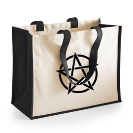 Huuraa Jute Bag Pentagram Drudenfuß Carry Bag Black 21 Litres with Banner Sign Gift Idea for Friends and Family, multicoloured