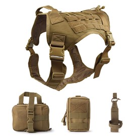 Tactical Service Dog Harness, Dog Training Vest Pet Harness with Molle Pouches and Bottle Holder-TAN-M