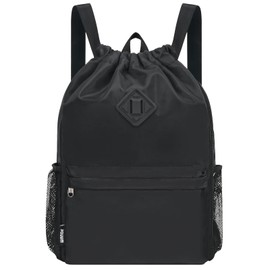 WANDF Rucksack mit Kordelzug, Sporttasche mit Schuhfach, wasserabweisender String-Rucksack Cinch für Damen Herren (Groß,Schwarz)
