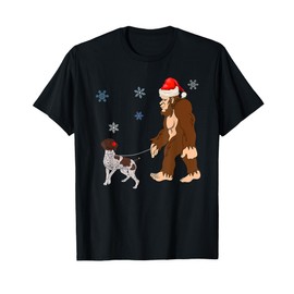 Bigfoot Santa Hat Walking German Shorthaired Pointer Dog Red T-Shirt