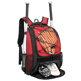 DAFISKY Youth Baseball Bag with Shoes Compartment - Baseball Backpack with Fence Hook for T-Ball & Softball Equipment & Gear, Holds Bat, Helmet, Glove(Red)