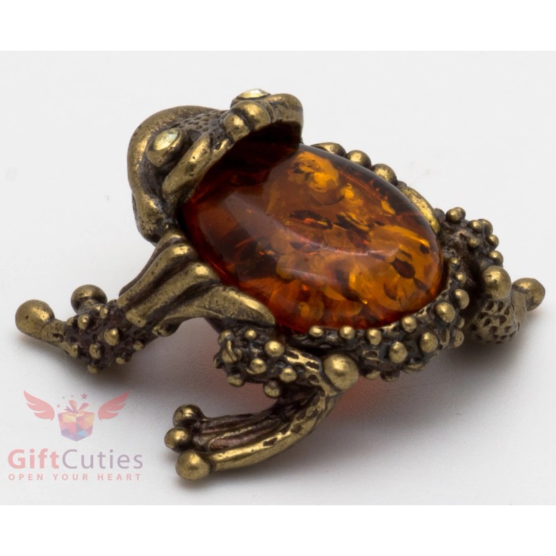 Russian Solid Brass Amber Figurine Feng Shui Frog Toad Totem