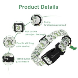 ARING PET Dog Collar, Dog Collar with Green Dinosaurs Printed, Cute Cotton Pet Collar with Quick Release Plastic Buckle for Boys&Girls Dogs, Small