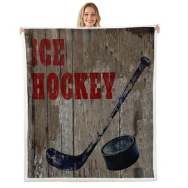 jejeloiu Kids Ice Hockey Fleece Throw Blanket Baby 30"x40" Winter Sports Hobby Fuzzy Blanket for Bed Sofa Couch Watercolor Ball Vintage Wood Sherpa Blanket Fuzzy Blanket