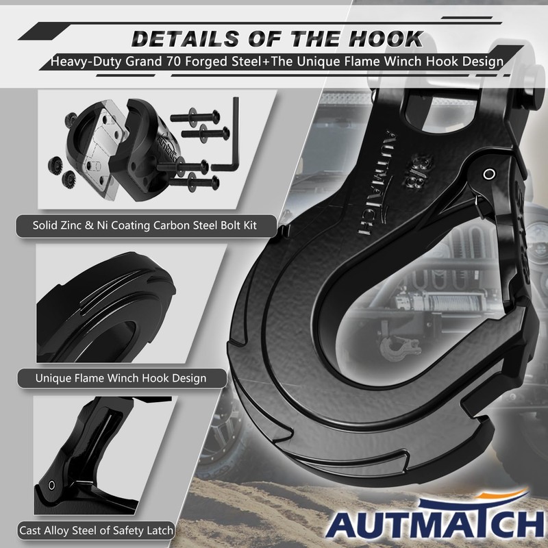 AUTMATCH Winch Hook 3/8" - Clevis Slip Hook with Safety