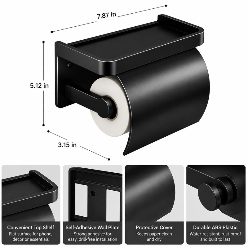 Toilet Paper Holder for Bathroom - Self-Adhesive Ventilated Wall Mount