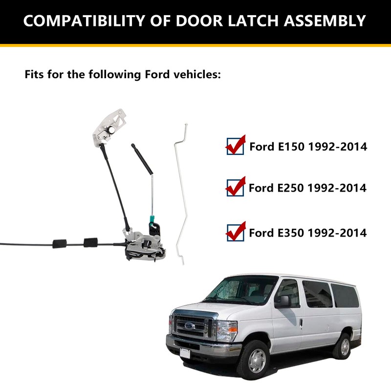 Door Latch Assembly w/Cable&Rod for Ford E150 E250 E350 Van