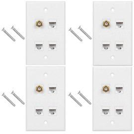 4 Pack HDMI Ethernet Wall Plate, 3 Port Cat 6 Keystone Female to Female Wall Plate, 1 Gold-Plated F Type Port TV Cable Wall Plate for Satellite, Ethernet and TV Coax Cable Connection