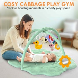 QUOKKA Baby Play Gym XL – Cabbage-Shaped Baby Play Mat with 6 Large Sensory Toys – Tummy Time Mat for Infant Development – Machine Washable Newborn Essentials Must Haves – Gender Neutral Gift Items