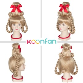 Koonfan Cindy Who Wig for Kids Girls Christmas Long Blonde Braids Wig with Red Bow and Necklace Cosplay Party Wig