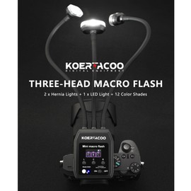 KOERTACOO Triple Head Macro Flash, 2 Xenon Lights (5600K) + 1 LED Continuous Light (6500K), with Adjustable Arms, for Insect and Plant Macro Photography, Compatible with Sony, Canon, Nikon, and Fuji.