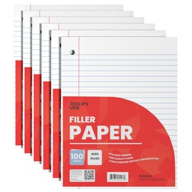 Notebook Paper, Loose Leaf Paper, Wide Ruled Paper, 10.5? x 8?, Filler Paper, 100 Sheets Per Pack, 60 gsm (6 Pack)