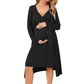 Ekouaer Maternity Robe Sets for Women Labor and Delivery Gown Nursing Gowns Pregnancy Nightgowns Breastfeeding Nightgown Black XL