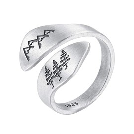 LOVECOM 925 Sterling Silver Mountain & Cedar Open Rings for Women Men Couple Wedding Bands Vintage Nature Tree and Mountain Plants Hugging Wrape Rings Silver Jewelry Christmas Gifts for Mother Daughter