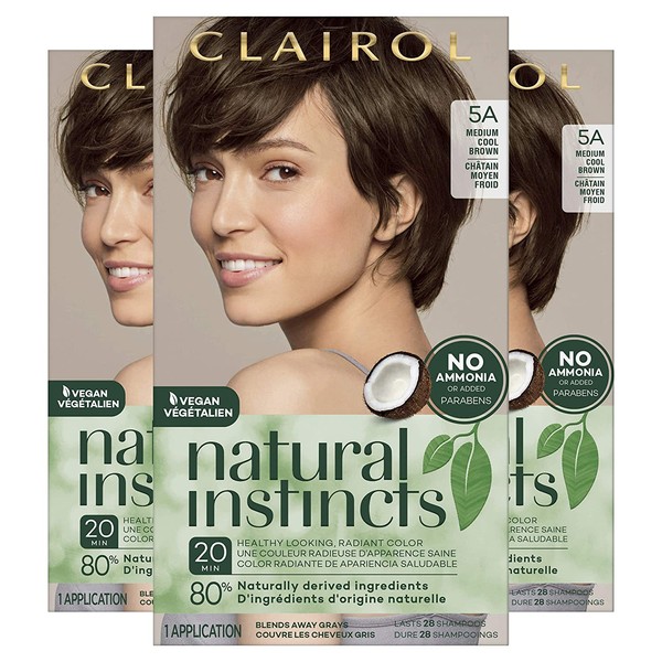 Clairol Natural Instincts Semi-Permanent Hair Dye, 5A Medium Cool Brown Hair Color, 3 Count