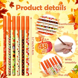 Yeaqee 48 Pcs Fall Pens Bulk Autumn Ballpoint Pen for Kids Adults Back to School Gift Maple Leaf Pumpkin Wood Scarecrow 6 Styles for Thanksgiving Party Fall Harvest Office Classroom Supplies