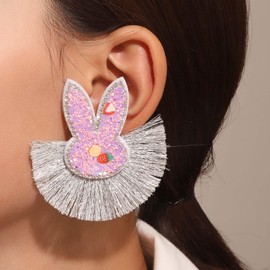 Wendalern Boho Rabbit Tassel Earrings Large Bow Rabbit Stud Earrings Long Fringe Fan-shaped Earrings Purple Tassels Animal Rabbit Statement Earrings Prom Jewellery for Women and Girls, Polyester, No