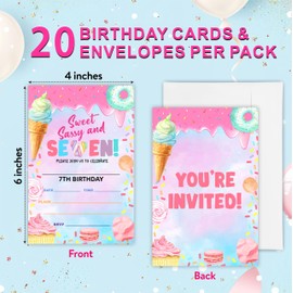 EXW 7th Birthday Invitation Cards With Envelopes, Donuts & Ice cream, 20 Pcs Fill-in Invites Letter, Birthday Party Invitations For Boys & Girls, Party Supplies & Decorations - A03