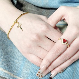 Heart Ring Sword Bracelet Set for Couple Gold Silver Heart Ring Swords Link Chain Bracelet Red Gemstone Promise Rings for Her Swords Through Love Matching Rings and Bracelet Set Valentine Anniversary Trendy Jewelry