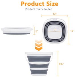 Goderewild Collapsible Bucket Mop Bucket 2.6 Gallon(10L) for House Cleaning, Travel, and More - Lightweight, Foldable, and Portable for Outdoor Adventures(1,Grey-Square)