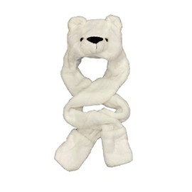 Drew Brady Kids Faux Fur Animal Head Long Trapper hat Hood Scarf Snood with Built in Mitten Covers (Polar Bear), 4-13 Years