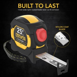 LEXIVON 25Ft/7.5m AutoLock Tape Measure | 1-Inch Wide Blade with Nylon Coating, Matte Finish White & Yellow Dual Sided Rule Print | Ft/Inch/Fractions/Metric (LX-205)