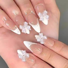 White French Tip Press on Nails Medium Almond Shaped False Nails with White Bow Tie Design Pearl French Fake Nails Reusable Artificial Coffin Nails Full Cover Acrylic Nails Glue on Nails for Women