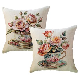 ULOVE LOVE YOURSELF Teacup Floral Throw Pillow Covers 18 x 18 Inch Watercolor Wildflowers Pillowcases Rustic Farmhouse Spring Summer Flower Cushion Covers 2pack for Sofa Couch Patio Porch (Pink)