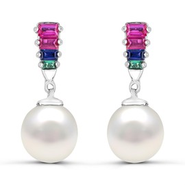 Diamond2Deal Sterling Silver Freshwater Cultured Pearl with Multi-Precious Gemstone Dangle Earrings