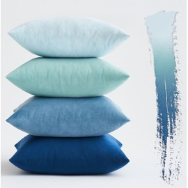 MIULEE Set of 4 Velvet Cushion Covers Soft Decorative Square Throw Pillow Cover Luxury Pillowcases for Livingroom Sofa Bedroom with Invisible Zipper 45cm x 45cm,18x18 Inches Blue Series