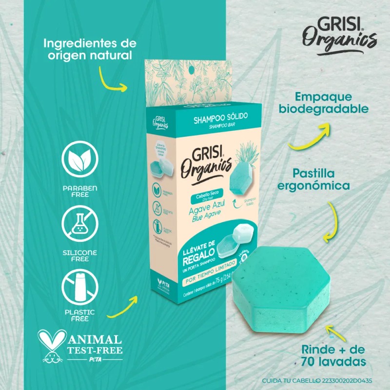 Grisi Organics, Shampoo Sólido Agave Azul, 75 Gr