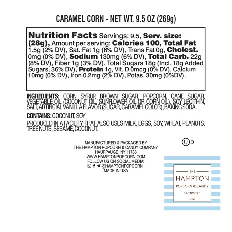 The Hampton Popcorn Company Caramel Popcorn Resealable Zip Bag, 9.5