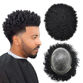 Afro Toupee for Black Men All Poly PU Injected Mens Toupee Human Hair Replacement System African American Man Hairpiece Kinky Curly Hair Units for Black Man Male Hair Prosthesis 10MM WAVE #1 JET BLACK