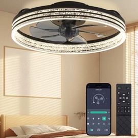 Ceiling Fans with Lights and Remote Fandelier - Black and White Ceiling Fans for Bedroom - Low Profile Modern Ceiling Fan - 20'' Flush Mount Ceiling Fans - Stepless Color Temperature and 6 Speeds