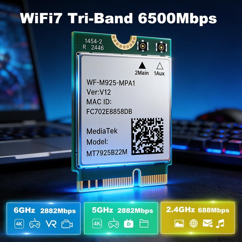 WiFi 7 Card 6.5Gbps MT7925 for Gaming 4K Streaming M.2