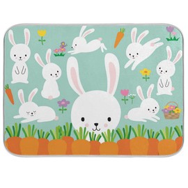 Cute White Easter Bunny Rabbit Flowers Dish Drying Mat, Absorbent Drying Pad Dish Mat Large Kitchen Microfiber Mat, 18" x 24"