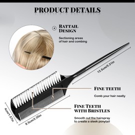 2 Pcs Black Smoothing and Sectioning Brush Set - Double-Sided Comb for Edge Teasing, Parting, and Ballroom Dancing Hairstyling