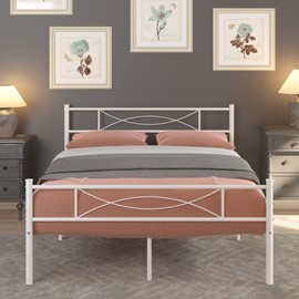 Weehom Metal Bed Frame Full Size with Vintage Headboard and Footboard Platform Bed White